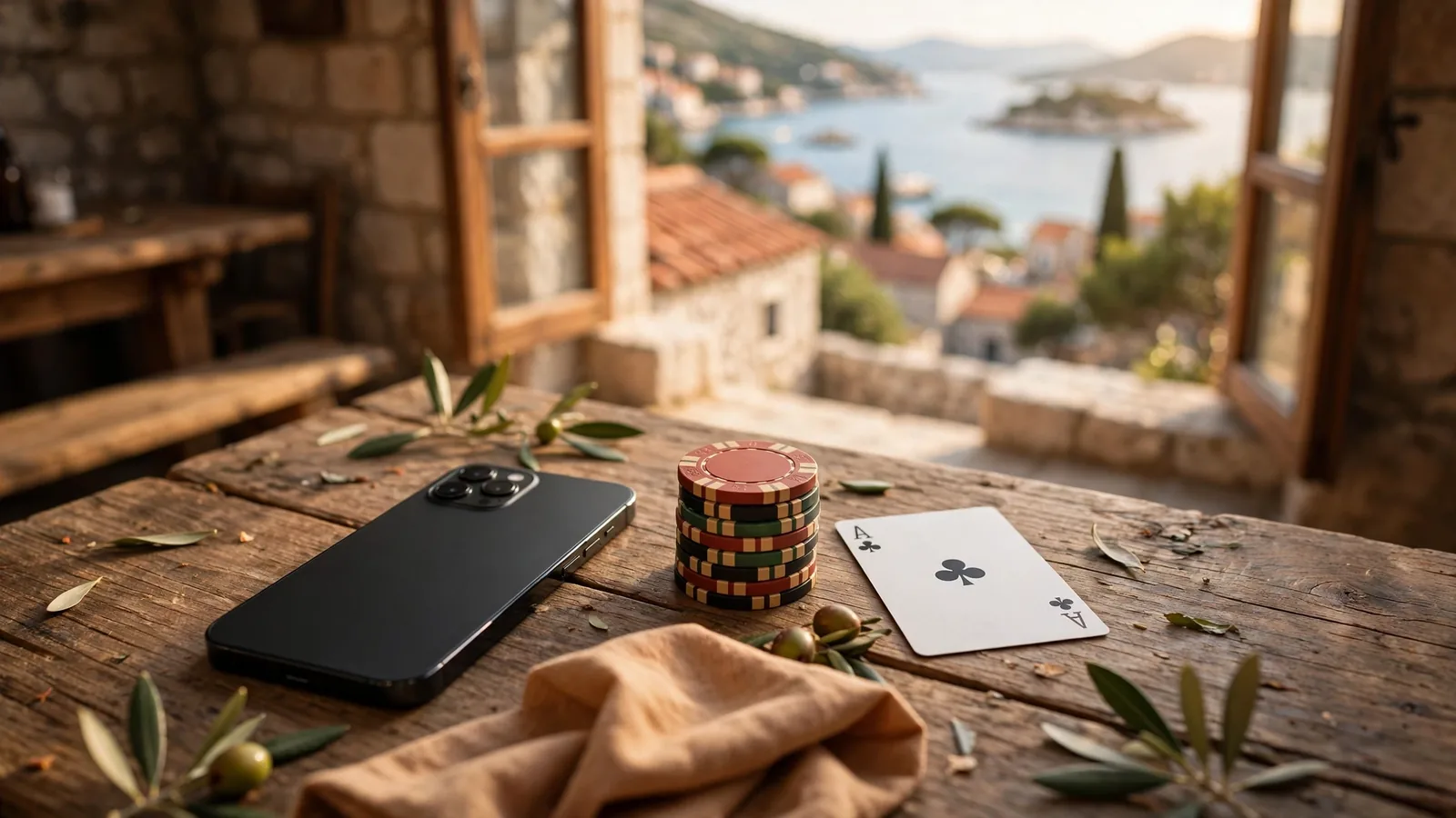 iPhone na stolu uz casino žetone uz dalmatinski prozor