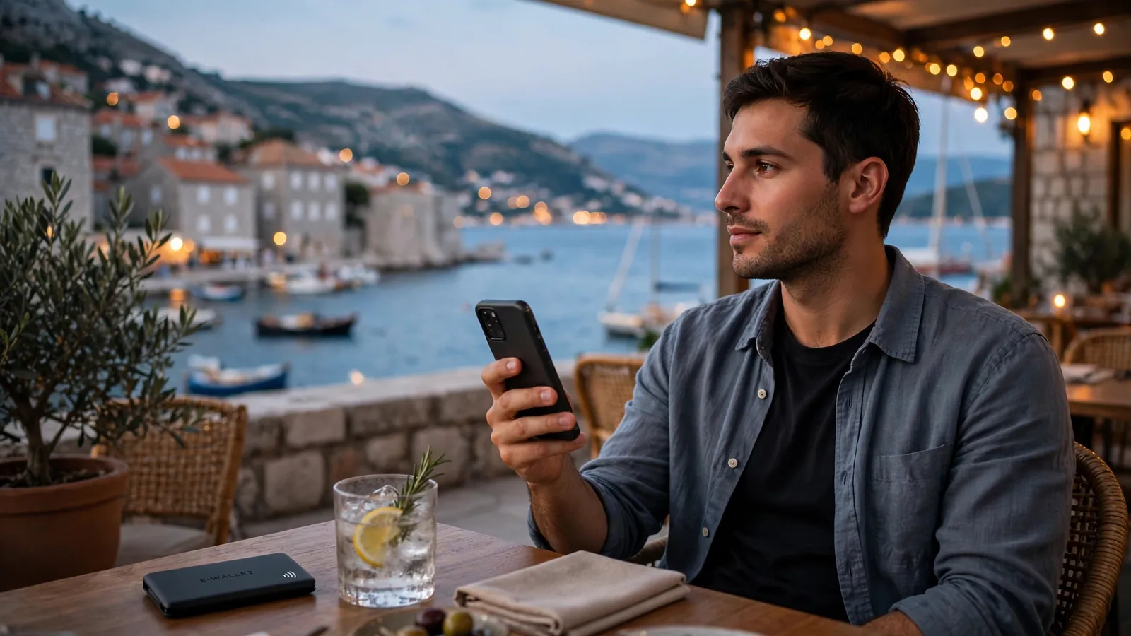 Mladi posjetitelj u dalmatinskom kafiću uz pametni telefon i novčanik.