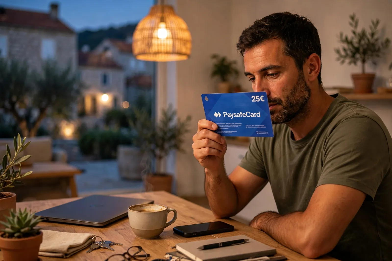 Osoba drži Paysafecard bon uz laptop u modernom interijeru