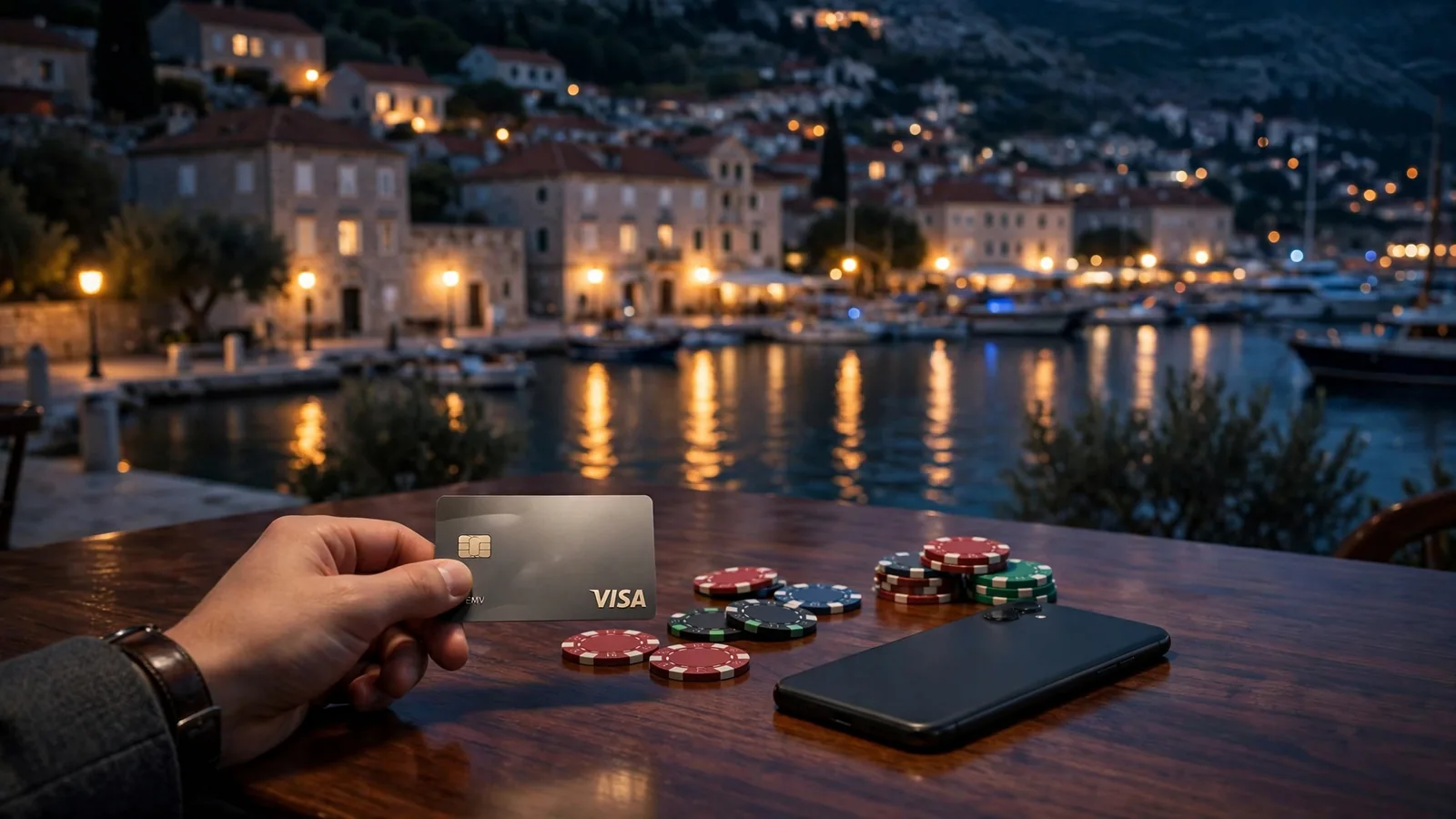 Ruka drži Visa karticu uz casino žetone na noćnoj obali Hrvatske.