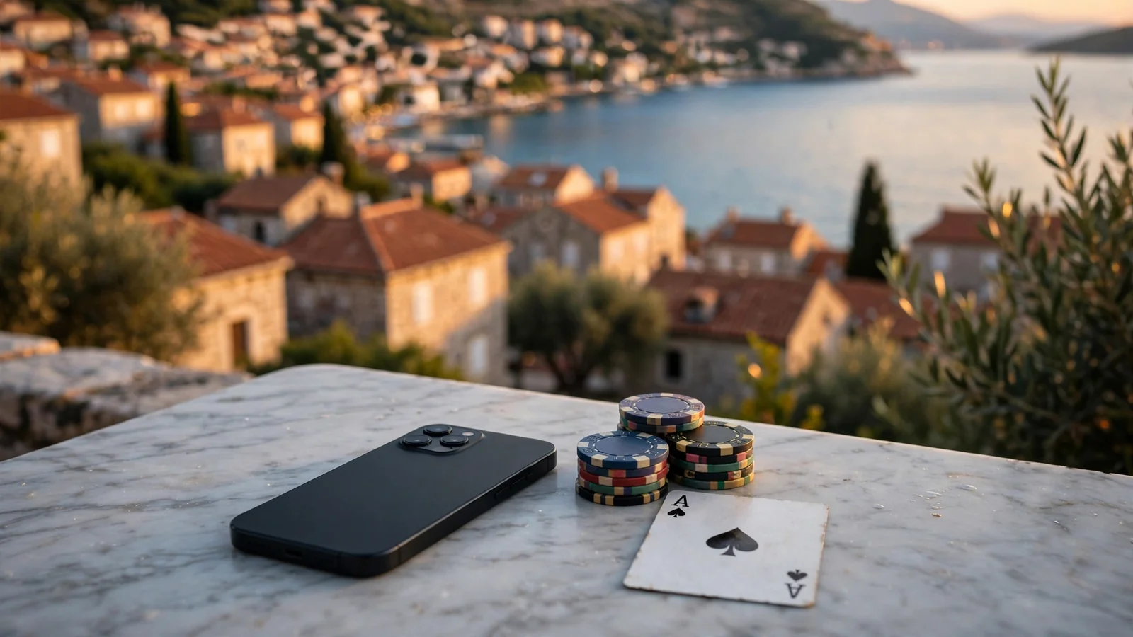 Mramorni stol uz more s casino žetonima i zatvorenim telefonom