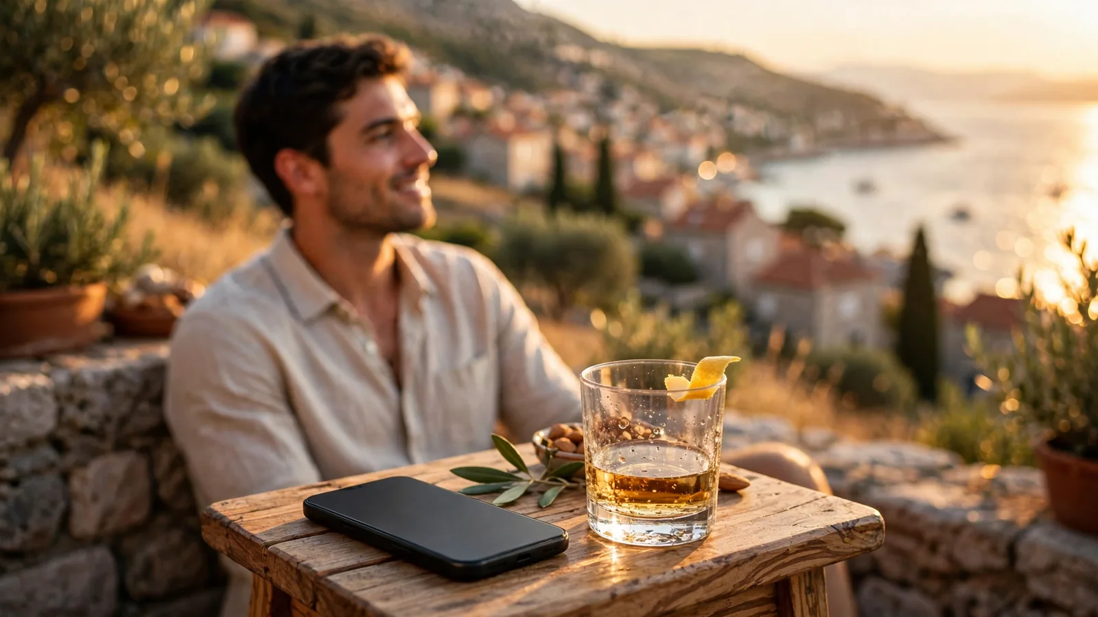 Hrvatski igrač opušta se na sunčanoj terasi uz pametni telefon i čašu rakije