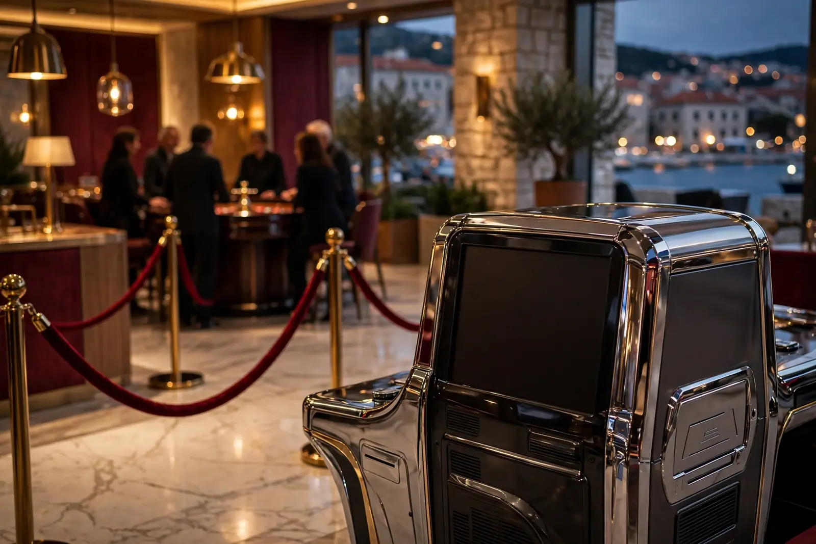 Suvremeni hrvatski casino sa slot automatima i ruletom u toploj večernjoj atmosferi