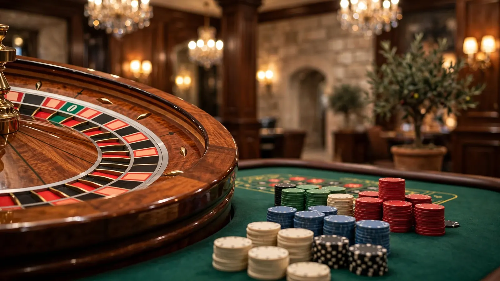 Kotač europskog ruleta i hrpe žetona na zelenom stolu u elegantnom kasinu.