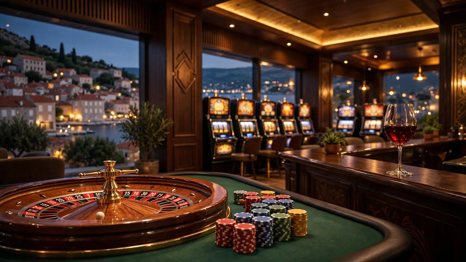 Elegantno hrvatsko casino interijera s ruletom i žetonima uz toplu ambijentalnu rasvjetu.