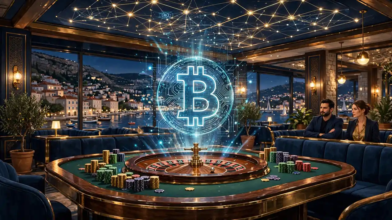 Kripto casino scena s kovanicama na stolu uz dubrovačke zidine