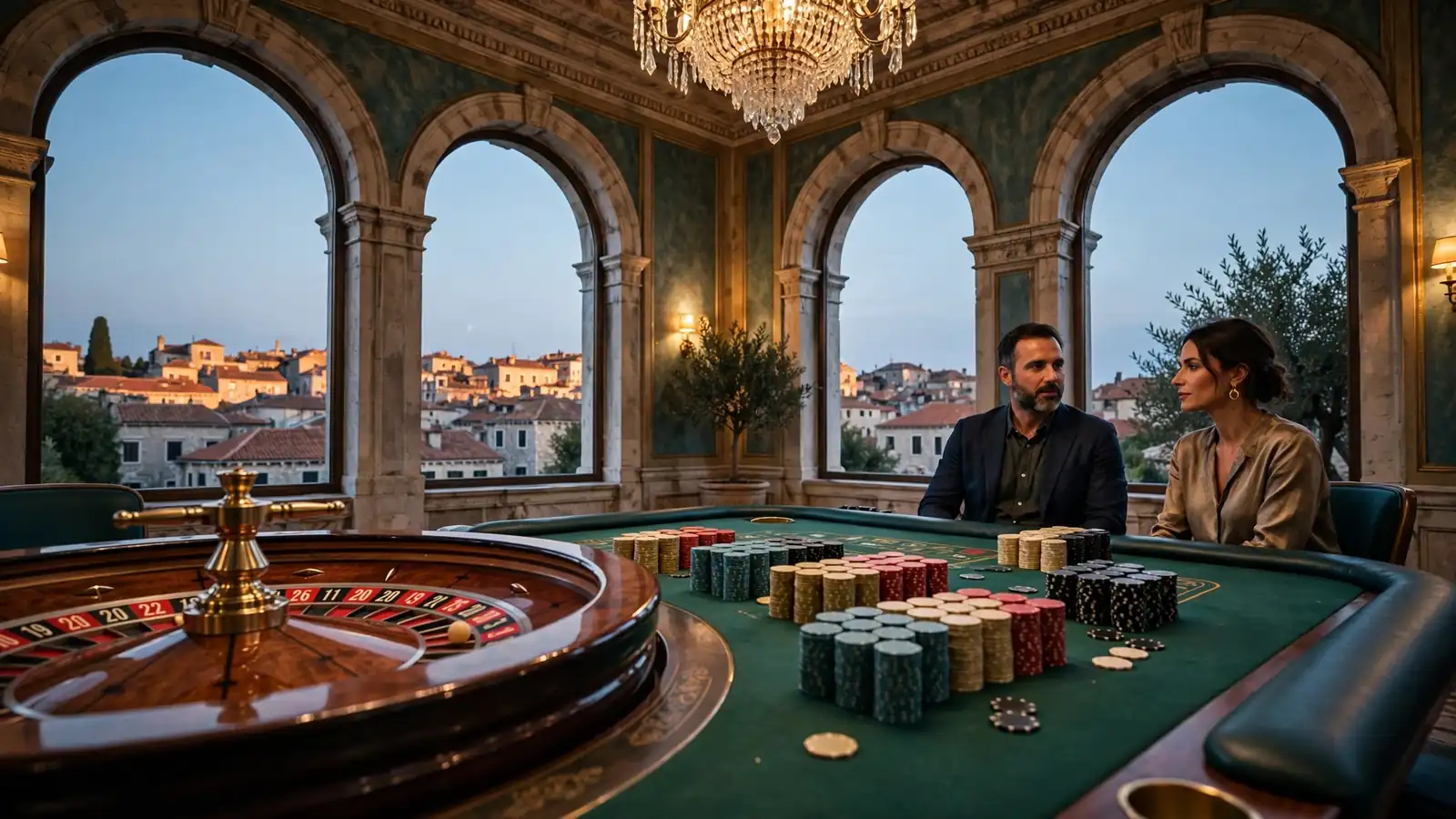 Elegantni interijer casina u Hrvatskoj s ruletom i žetonima