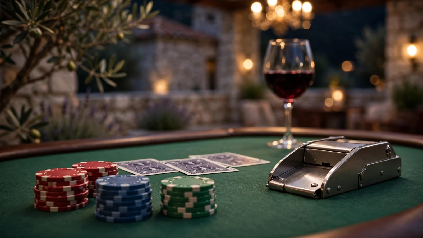 Elegantni blackjack stol s ulošcima i kartama u toplom noćnom ambijentu
