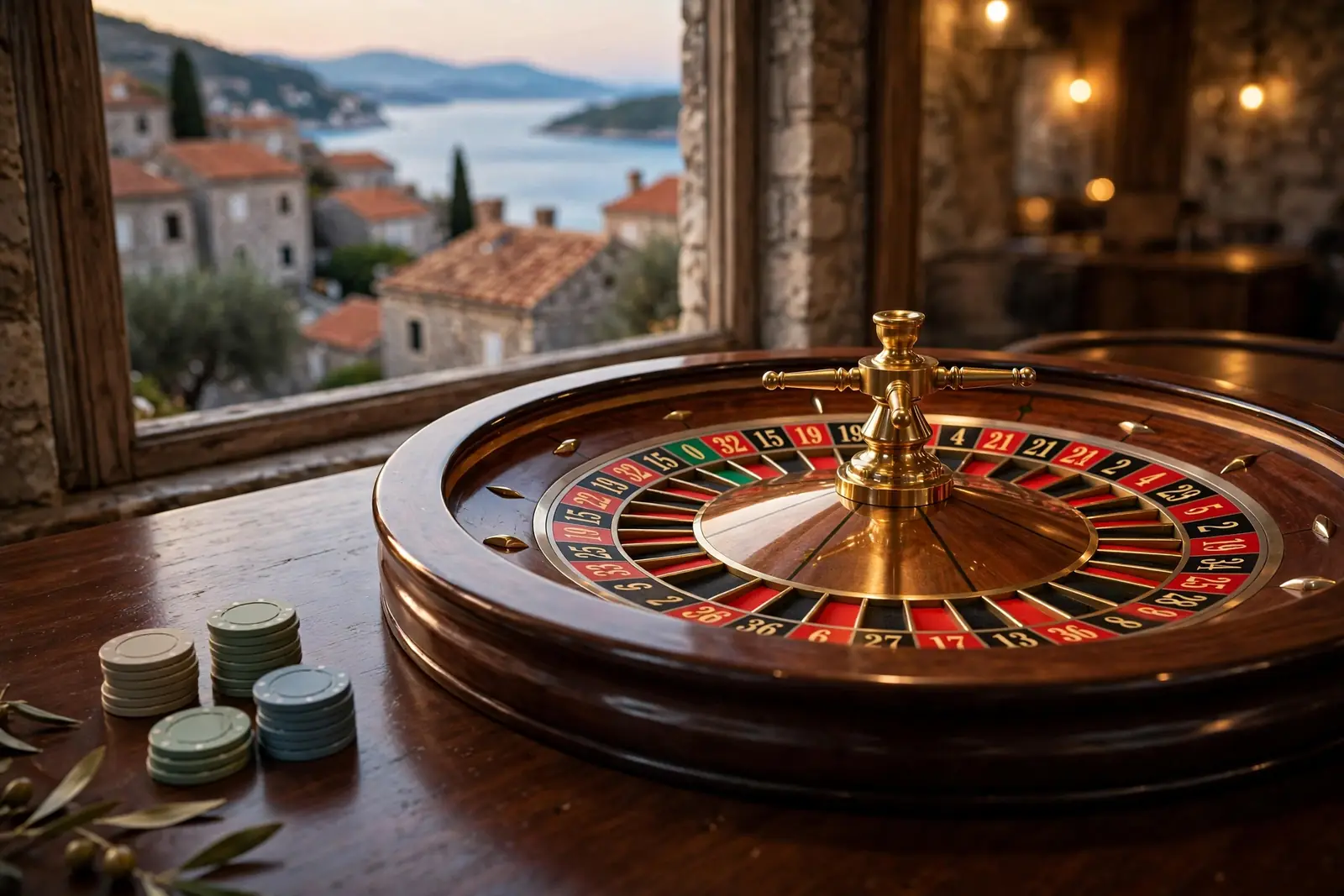 Elegantan kotač ruleta na stolu s toplom rasvjetom i pogledom na dalmatinski krajolik