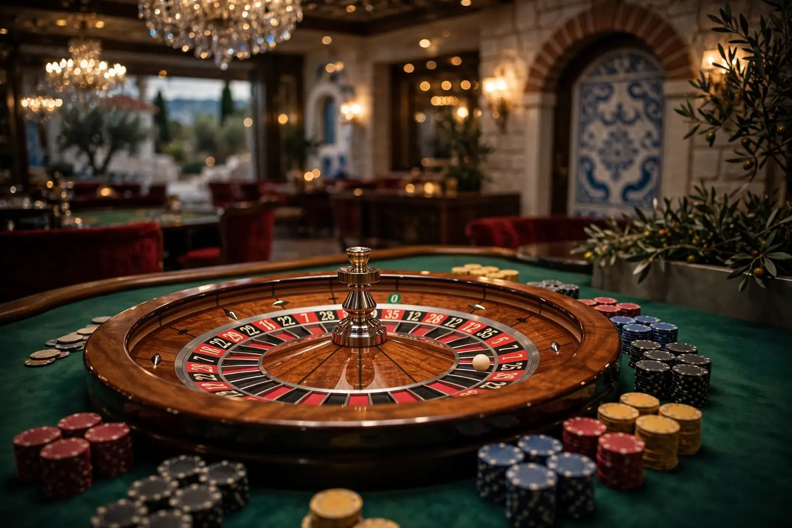 Vrtljivi kotač ruleta na zelenom stolu s ulošcima u elegantnom casinomiju