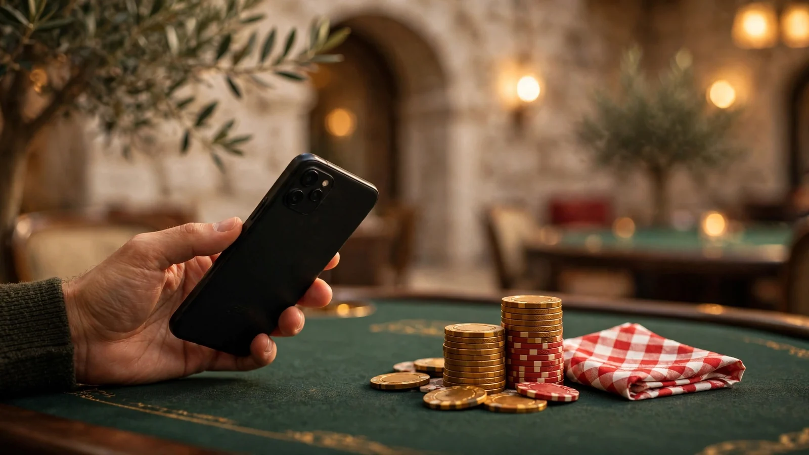 Pametni telefon na stolu casina uz žetone i hrvatske detalje